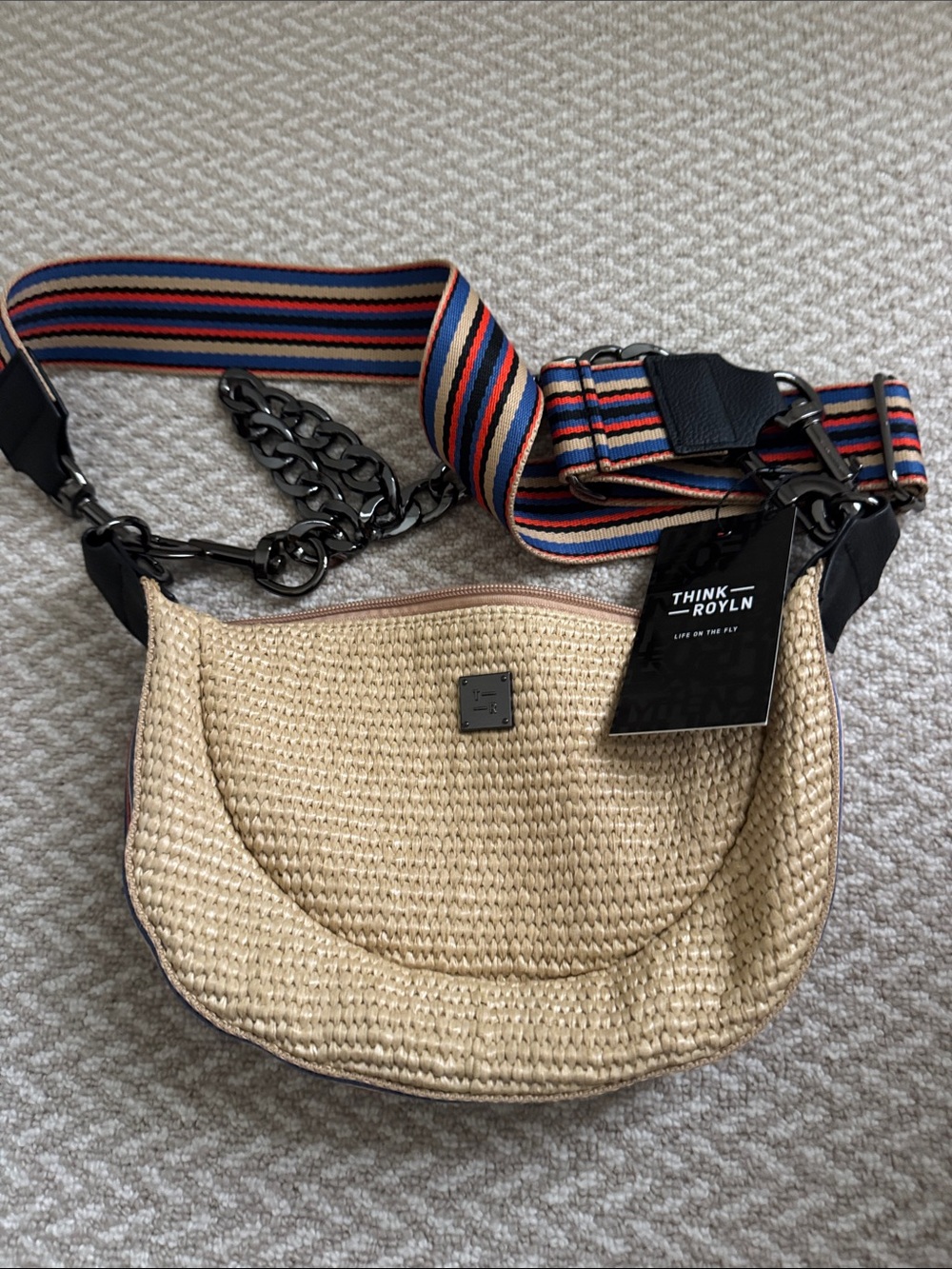 THINK ROYLN Beige Woven Crossbody with Multicolor Striped Strap